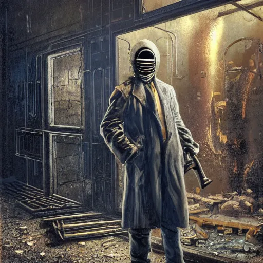 Prompt: UHD hyperrealistic photorealistic detailed image of a man in a longcoat and gas mask wielding an old Soviet-made pistol from the Stalker video game series standing in front of an laboratory door, in a ruined and dark underground lab by Ayami Kojima Amano Karol Bak, Greg Hildebrandt and Mark Brooks