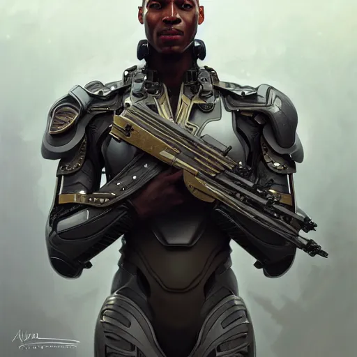 Image similar to ultra realistic illustration, a african american male cyborg soldier, intricate, elegant, highly detailed, digital painting, artstation, concept art, smooth, sharp focus, illustration, art by artgerm and greg rutkowski and alphonse mucha