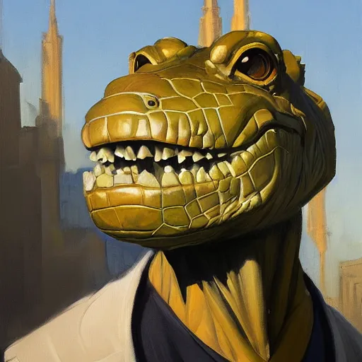 Image similar to greg manchess portrait painting of an anthropomorphic crocodile, medium shot, asymmetrical, profile picture, organic painting, sunny day, matte painting, bold shapes, hard edges, street art, trending on artstation, by huang guangjian and gil elvgren and jon foster