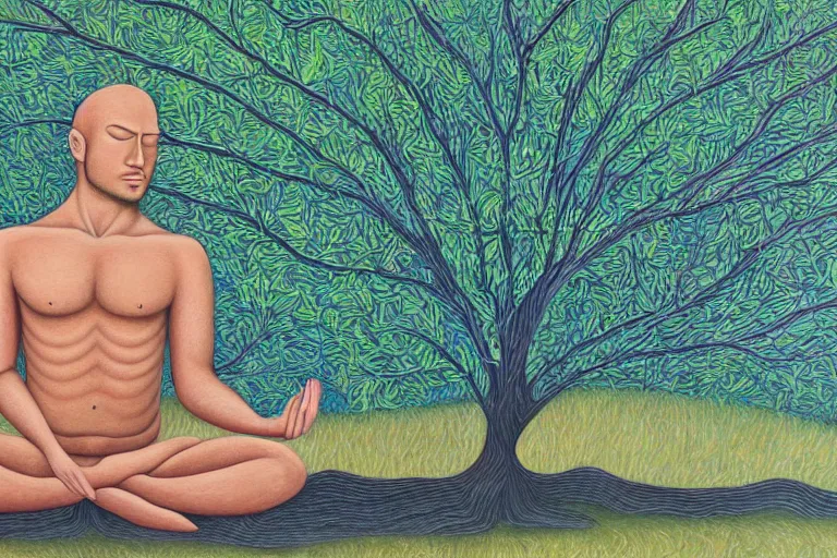 Image similar to painting of a depressed man meditating under a tree by alex grey, acrylic art, sad, soothing, somber, elegant, soft light,