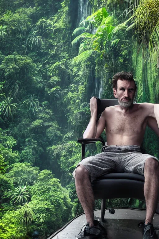 Image similar to movie closeup young man with a grey beard in a cyberpunk suit sitting on a futuristic chair at the edge of a jungle waterfall by emmanuel lubezki