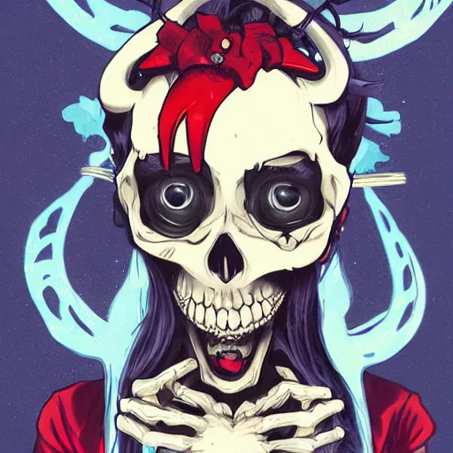 Prompt: anime manga skull portrait young woman skeleton, cuphead, painterly, logo, graffiti, elegant, highly detailed, digital art, art by jc leyendecker and sachin teng