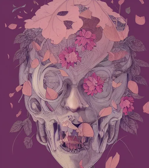 Prompt: portrait, nightmare anomalies, leaves with a flower by miyazaki, violet and pink and white palette, illustration, kenneth blom, mental alchemy, james jean, pablo amaringo, naudline pierre, contemporary art, hyper detailed