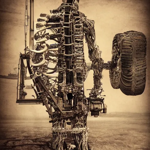 Image similar to a man with engines growing out of his back, man engine, man and machine