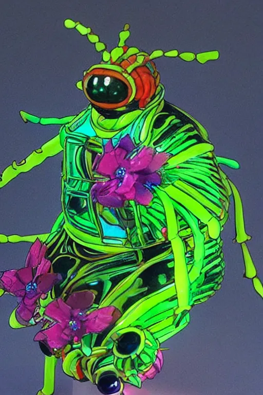 Image similar to a fat jelly super detailed anime character with fluo color detail, and muted arm colors, that looks like a insect, on top of a painting of plastic synthetic ionized metal flower sculptures