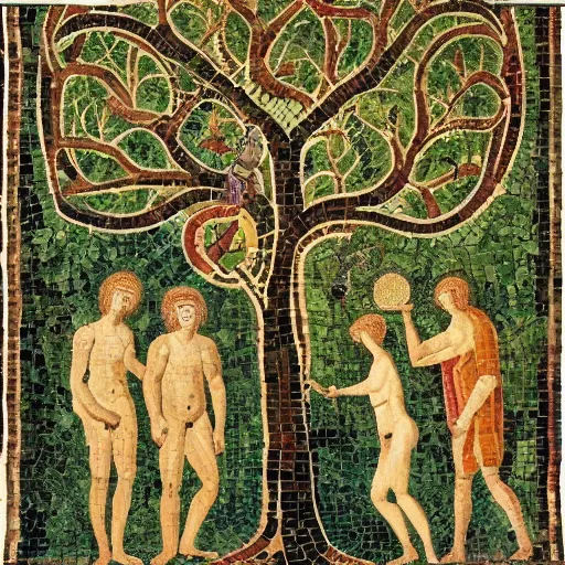 Image similar to fractal tree of life with adam, eve and the snake in the garden of eden, early 3 rd century mosaic