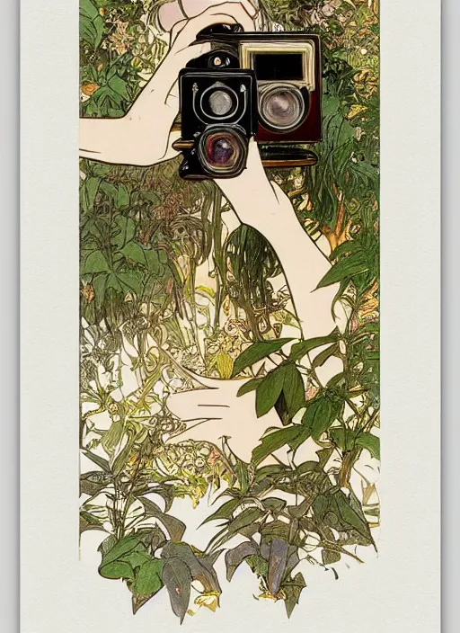 Image similar to photographer looking through a vintage camera, design on white background, beautiful details, lush foliage, gold, drawn by john singer sargent, studio ghibli, alphonso mucha, lolish, trending on artstation