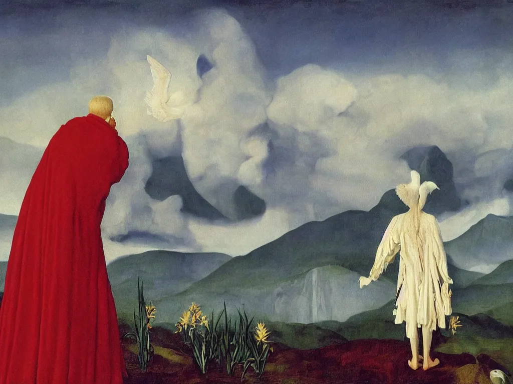 Image similar to albino mystic, with his back turned, looking at a storm over over the mountains in the distance, with beautiful exotic crane and iris flower. Painting by Jan van Eyck, Audubon, Rene Magritte, Agnes Pelton, Max Ernst, Walton Ford