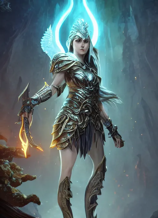 Prompt: athena ultra detailed fantasy, elden ring, realistic, dnd character portrait, full body, dnd, rpg, lotr game design fanart by concept art, behance hd, artstation, deviantart, global illumination radiating a glowing aura global illumination ray tracing hdr render in unreal engine 5