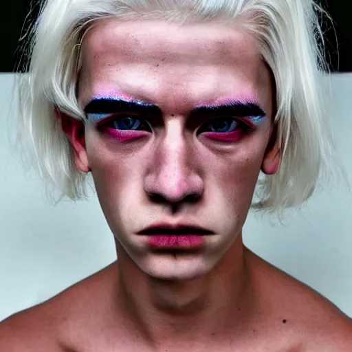 Image similar to color photo of a full platinum blond weirdo, shaved eyebrows, no eyebrow, pale skin, neurofibromatosis, realistic, high detail, high quality, trending on pinterest