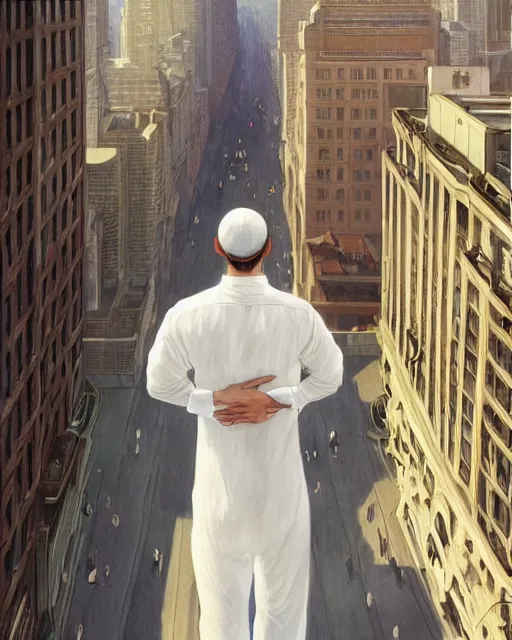 Image similar to wide angle of attractive man wearing a white linen clothes levitating over the street below, arms spread wide, the world ablaze, highly detailed, digital painting, artstation, concept art, smooth, sharp focus, illustration, art by artgerm, greg rutkowski, alphonse mucha, j. c. leyendecker