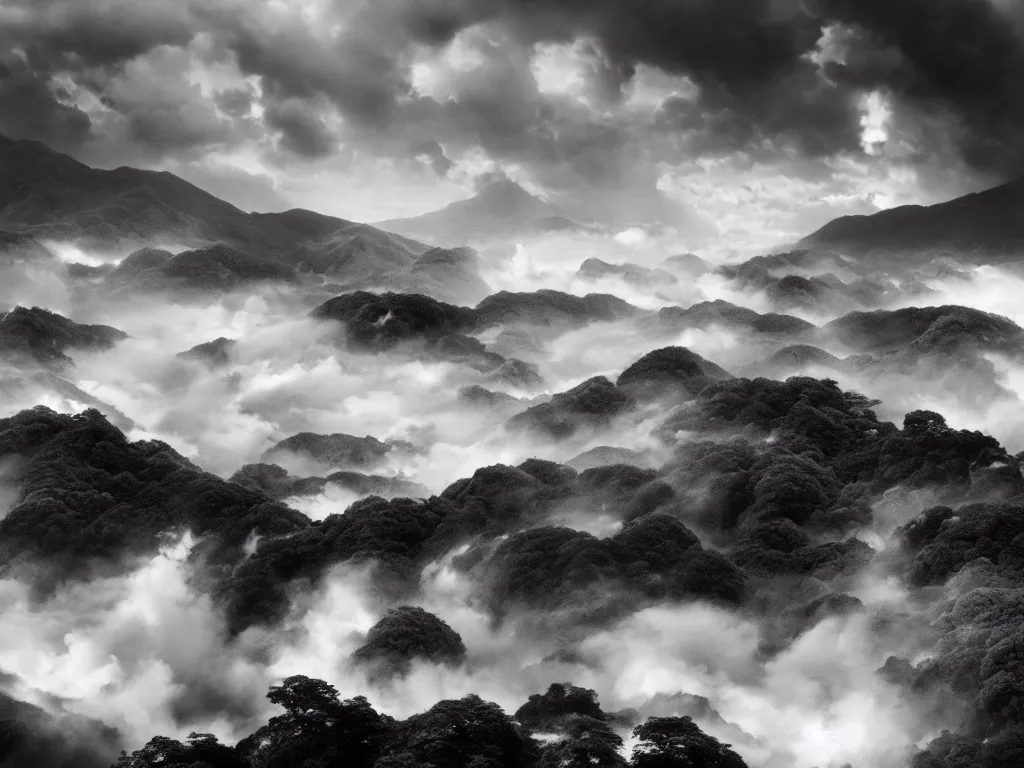 Image similar to detailed landscape, japanese high cliff, very detailed dark super storm, hyper realistic clouds, impressive, magical, very atmospheric, smoke boiling, cinematic, deep, very high complexity, stunning, masterpiece, chiaroscuro, photography, very detailed. 4 k