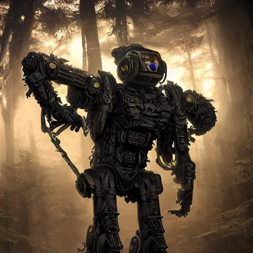 Image similar to Hunter in combat dieselpunk giant walker exoskeleton with chrome details walks between the mystical foggy roots. Style as if Dan Mumford and Tsutomu Nihei make game in Unreal Engine, photorealism, colorful, finalRender iridescent fantasy concept art 8k resolution concept art ink drawing volumetric lighting bioluminescence, plasma, neon, brimming with energy, electricity, power, Colorful Sci-Fi Steampunk Biological Living, cel-shaded, depth, particles, lots of reflective surfaces, subsurface scattering