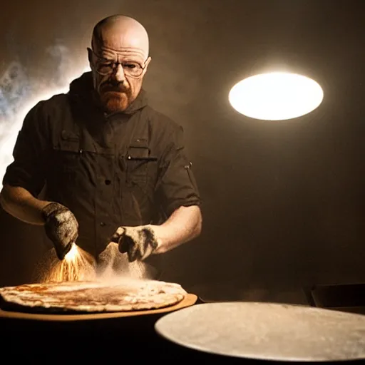 Image similar to walter white making pizza with a blowtorch in the desert, dramatic lighting, still from breaking bad