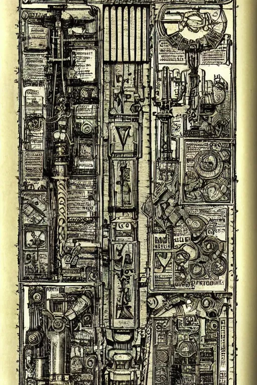 Image similar to warhammmer 4 0 k page of an adepticus mechanicus book on lost technology, page 2 3 : incantation and sigil, gothic industrial diagram, academic art. intricate