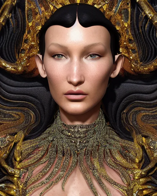 Image similar to a highly detailed metahuman 8 k close up render of bella hadid as a black snake renaissance in iris van herpen dress schiaparelli in diamonds crystals swarovski and jewelry iridescent in style of alphonse mucha gustav klimt trending on artstation made in unreal engine 4