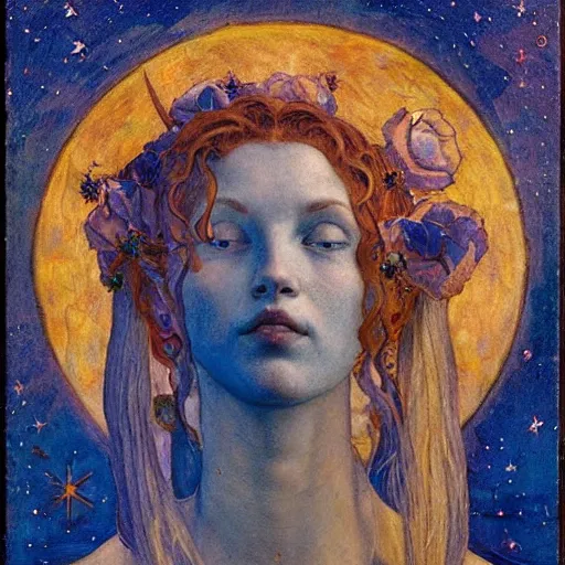 Image similar to queen of the moon with stars in her hair, by annie swynnerton and tino rodriguez and nicholas roerich and lucien freud and jean delville, dramatic lighting, floral tattoos, rich colors, smooth sharp focus, extremely detailed, adolf wolfli