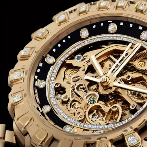 Image similar to vvs diamond watch, intricate design, rolex, cogs and gears, steampunk watch, bejeweled beautiful watch, richard mille, breitling watch, promotional photo, 8 k photography