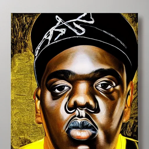 Prompt: a hyper realistic painting of biggie smalls, art by basquiat, intricate, ultra detailed, photorealistic, black and gold colors, dark background trending on artstation