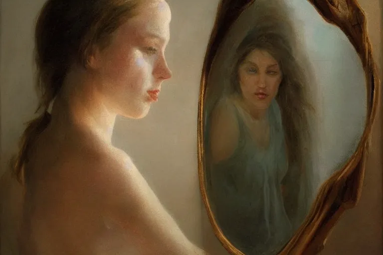 Prompt: hyperrealism, woman look in broken mirror, soft light, in style of classicism