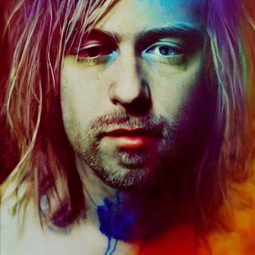 Image similar to colour masterpiece surreal closeup portrait photography of kurt cobain by miho hirano and annie leibovitz and michael cheval, smoke background, 8 k