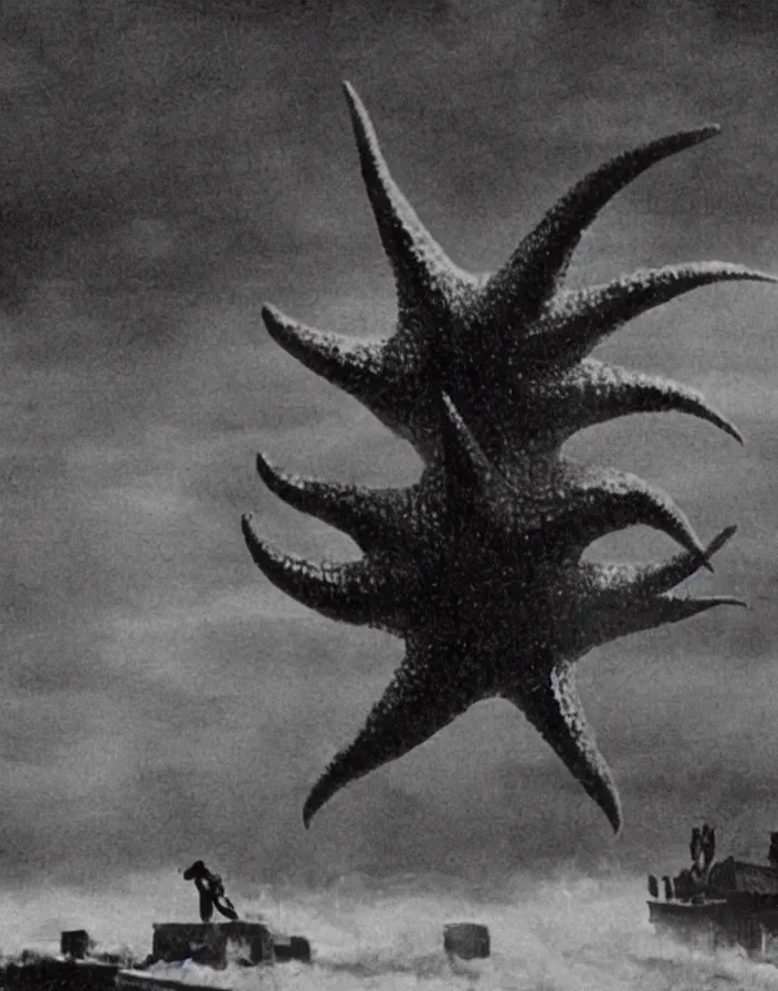 Image similar to a filmstill of a north korean monster movie, kaiju - eiga monster starfish - like trampling a traditional korean palace, foggy, film noir, video compression