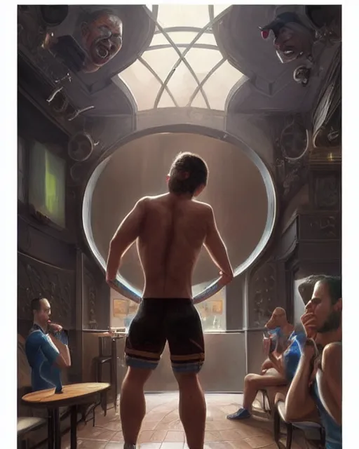 Prompt: a small man wearing glasses & cycling shorts in a gay bar, elegant, real life skin, intricate, high detailed, artstation, concept art, smooth, sharp focus, art by artgerm and greg rutkowski