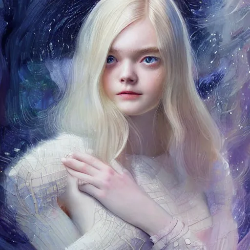 Image similar to a professional painting of Elle Fanning, clothed in ethereal armor, porcelain white skin, long blonde hair, beautiful bone structure, symmetrical facial features, intricate, elegant, digital painting, concept art, smooth, sharp focus, illustration, from Valerian and the City of a Thousand Planets, by Ruan Jia and Mandy Jurgens and Artgerm and William-Adolphe Bouguerea