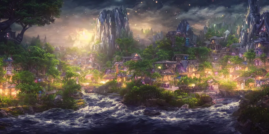 Image similar to beautiful and immersive magical town, magical buildings, bioluminescent forest surrounding, gentle rivers flowing through town, visual novel key visual, award - winning digital art on pixiv, trending on artstation - cinematic lighting, dramatic lighting, stunning and beautiful view - highly detailed, hyperrealistic, unreal engine 5, in the style of kingdom hearts