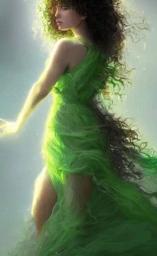 Image similar to a young woman with wild, curly hair and bright green eyes. she's wearing a flowing dress made of light, airy fabric and she has a mischievous look on her face, dynamic lighting, photorealistic fantasy concept art, trending on art station, stunning visuals, creative, cinematic, ultra detailed