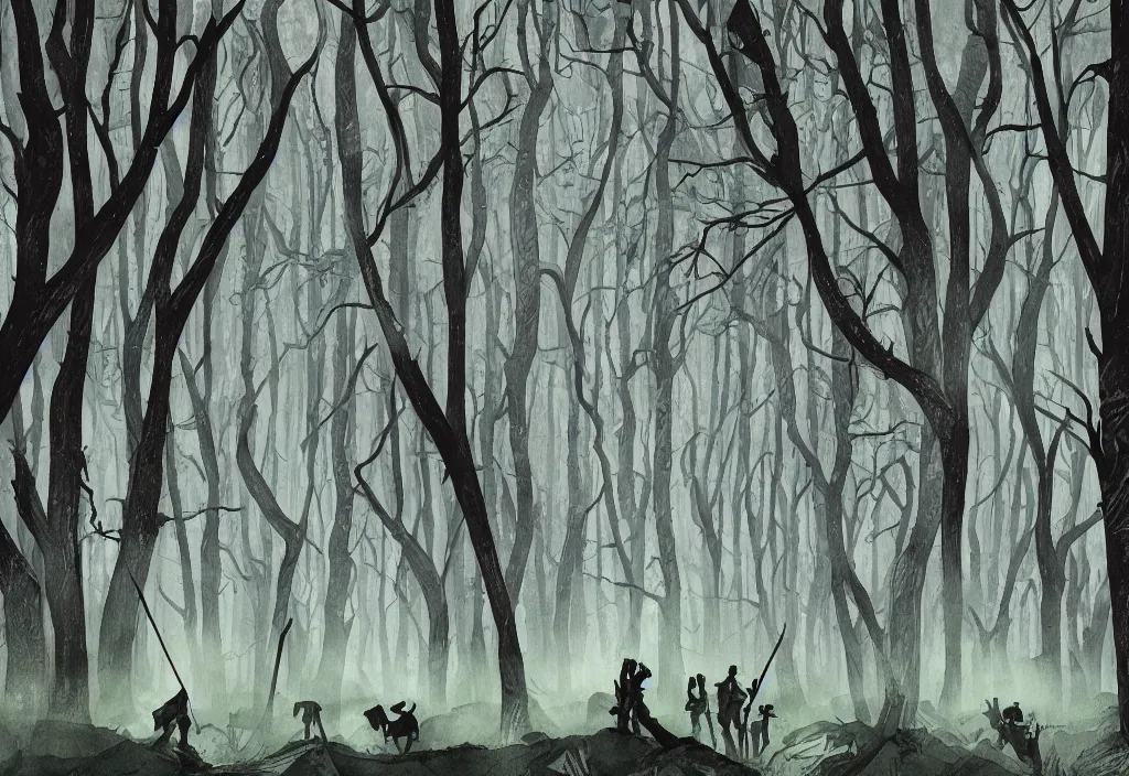 Image similar to handmade illustration of a big forest, line art, ink, some small silhouetted medieval men among the trees, watercolor by Kilian Eng and by Jake Parker, winning-award masterpiece, fantastic, octane render, 8K HD Resolution, High quality image