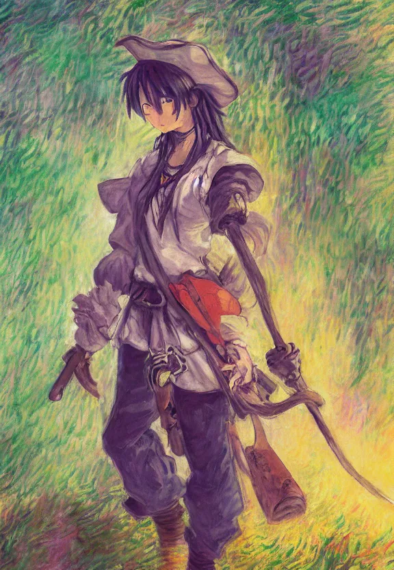 Image similar to wide angle painting of a teenage pirate girl, a thrifty uniform, somewhat of an anime in impressionist style, fantasy forest background, trending artwork, illustrated in anime painter studio, by claude monet and an anime artist, collaboration