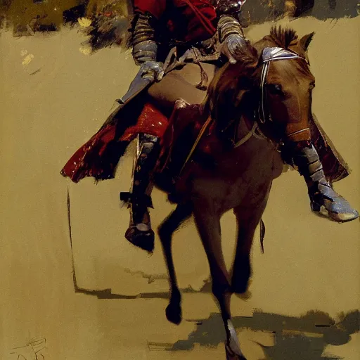 Image similar to portrait of rider wearing medieval clothes galloping, detailed by greg manchess, craig mullins, bernie fuchs, walter everett