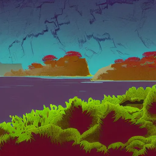 Prompt: digital artof a lush natural scene on an alien planet by lurid ( 2 0 2 2 ). beautiful landscape. weird vegetation. cliffs and water. interesting colour scheme. grainy and rough.