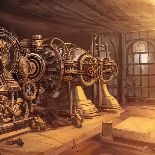 Prompt: painting of steampunk engines in a scifi tent, hardsurface, symmetric form exploration, big medium small, artstation, concept art, frank lloyd wright