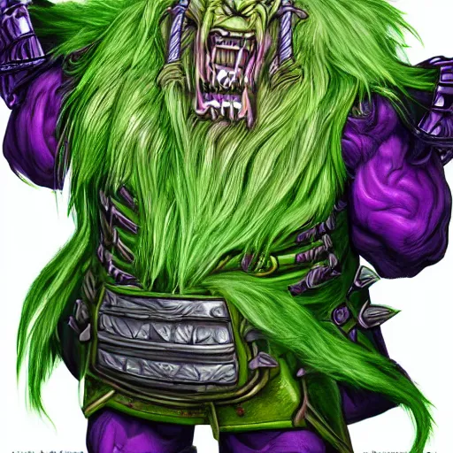 Image similar to super detailed portrait of a of a Dungeons and Dragons bugbear with green hair and purple eyes he looks angry at his knife, Fantasy, 4k, HD, DnD