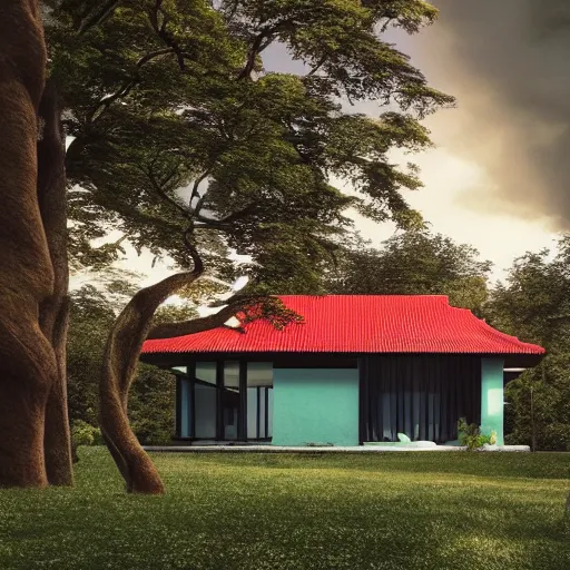 Image similar to modernist house inspired by a tibetan palace on a hill, big green trees, colorful clouds, dramatic lighting, artstation, matte painting, raphael lacoste, simon stalenhag, frank lloyd wright, zaha hadid