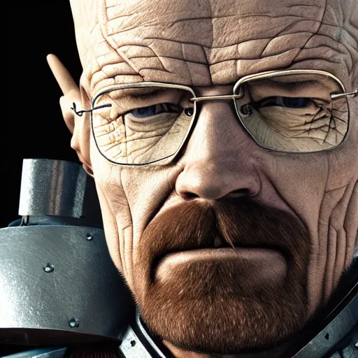 Image similar to Walter White wearing heavy military armor with a shield, highly detailed, 8k octane render