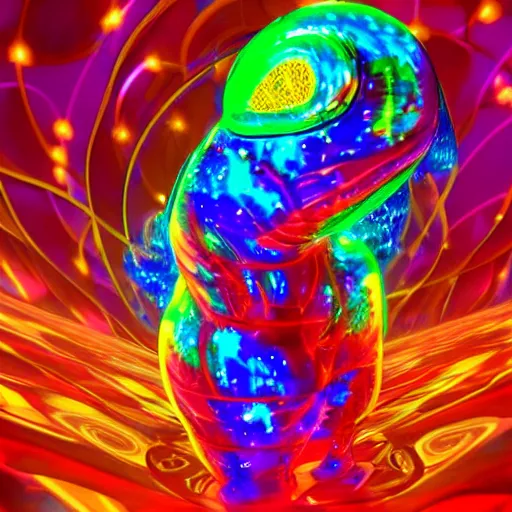 Prompt: portrait of a plasma energy tron murano candy glass dinosaur. made up of glowing swirling electric pixels. tron world background. photo still by annie liebowitz