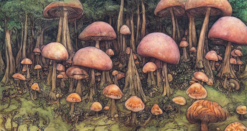 Image similar to A tribal village in a forest of giant mushrooms, by Brian Froud