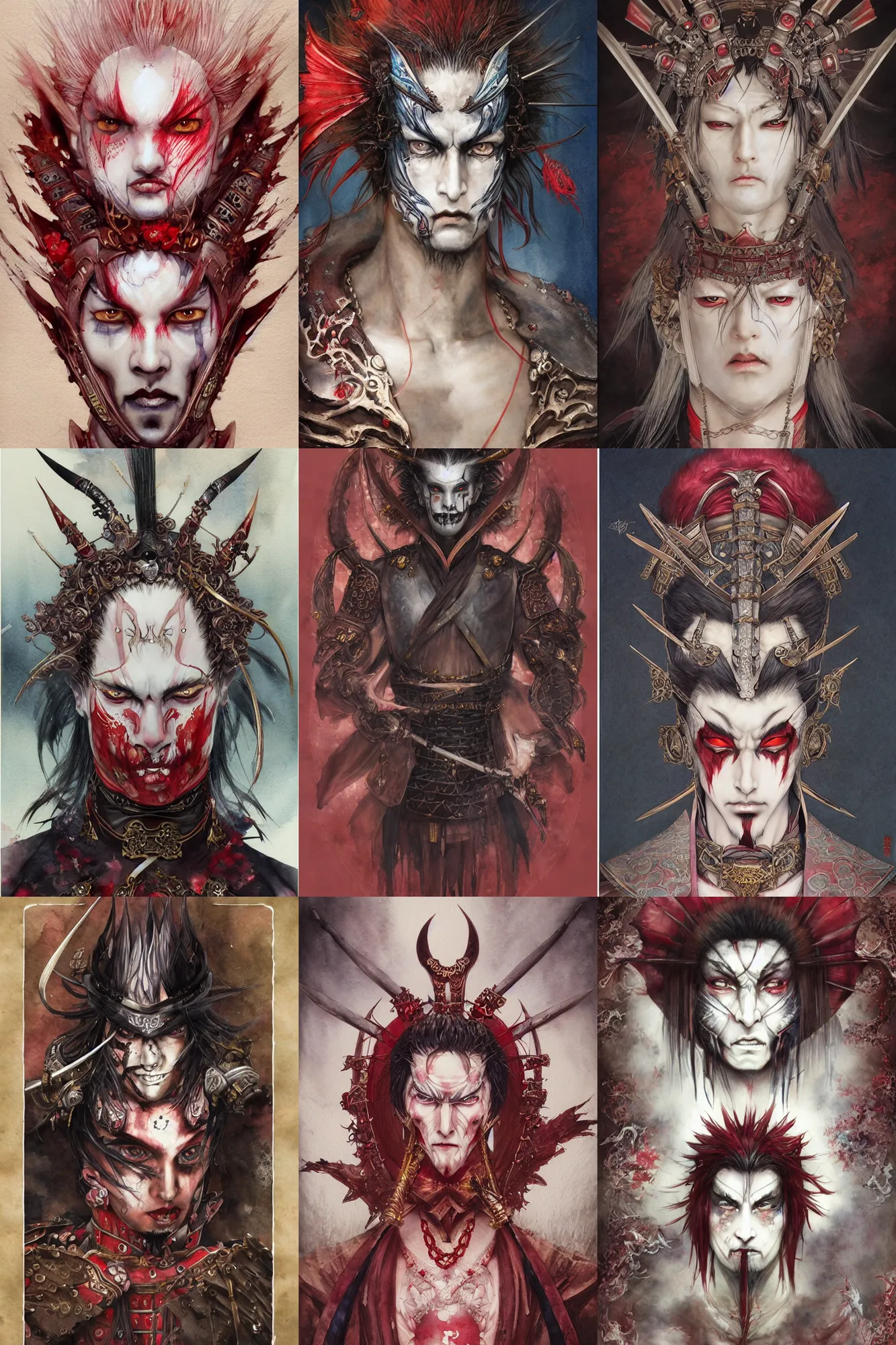 Prompt: watercolor painting of a male japanese bjd samurai warrior vampire magus in the style of dark - fantasy painted by yoshitaka amano, tom bagshaw, ayami kojima, dmt art, symmetrical vogue face portrait, intricate detail, artstation, cgsociety, artgerm, rococo, sakura flowers, red, bronze