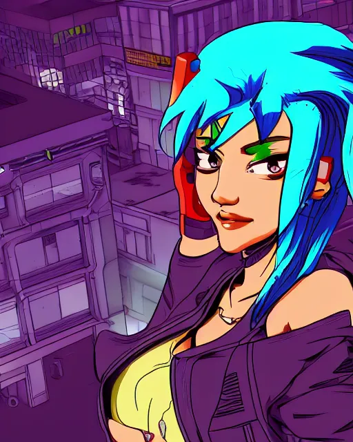 Image similar to cel shaded art of a pretty blue haired girl, jet grind radio graphics, cyberpunk city street background