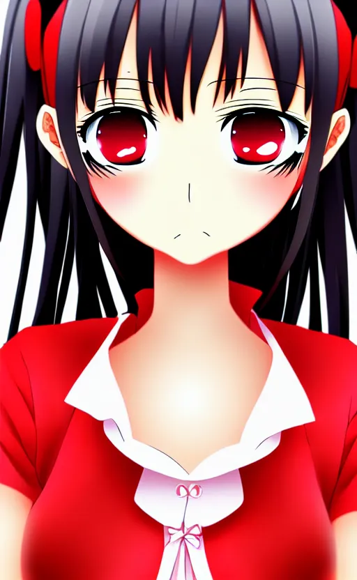 Image similar to anime girl in red outfit, detailed face, black hair, illustration