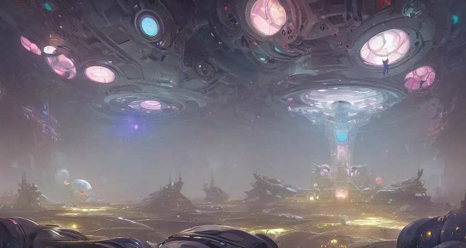 Prompt: a beautiful detailed digital artwork of the interior of gigantic space station with gardens and massive glowing flower technology, by peter mohrbacher and alex petruk and stephan martiniere, complex swirling accents, futuristic, space, clear focus, trending on artstation