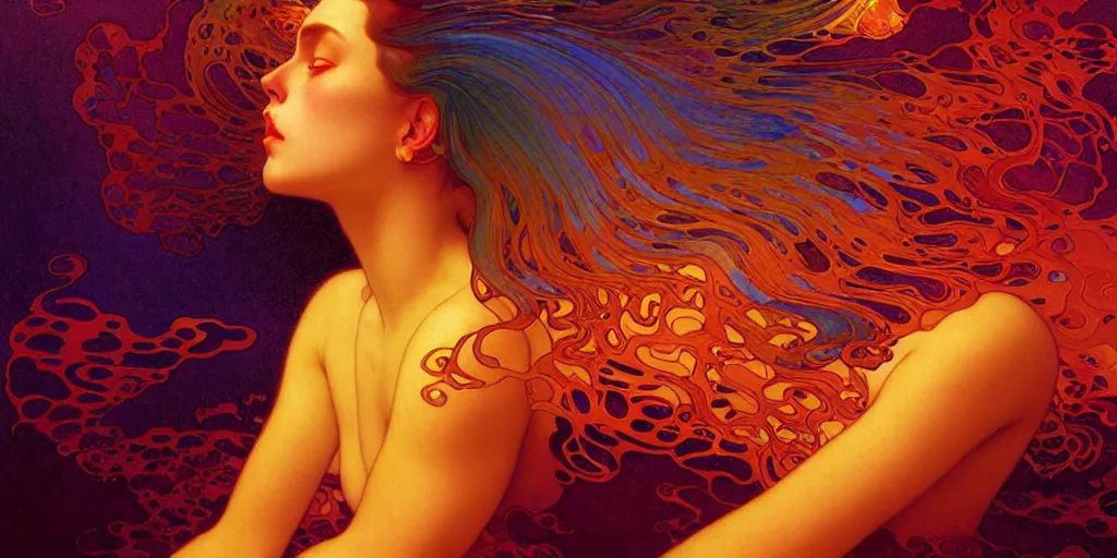 Image similar to transcendent mind bending indigo waves of glossy psychedelic liquid honey flowing like kaleidoscopic translucent amber, lsd waves, honey ripples, enlightenment, dramatic professional lighting, refracted sunset lighting, art by collier, albert aublet, krenz cushart, artem demura, alphonse mucha