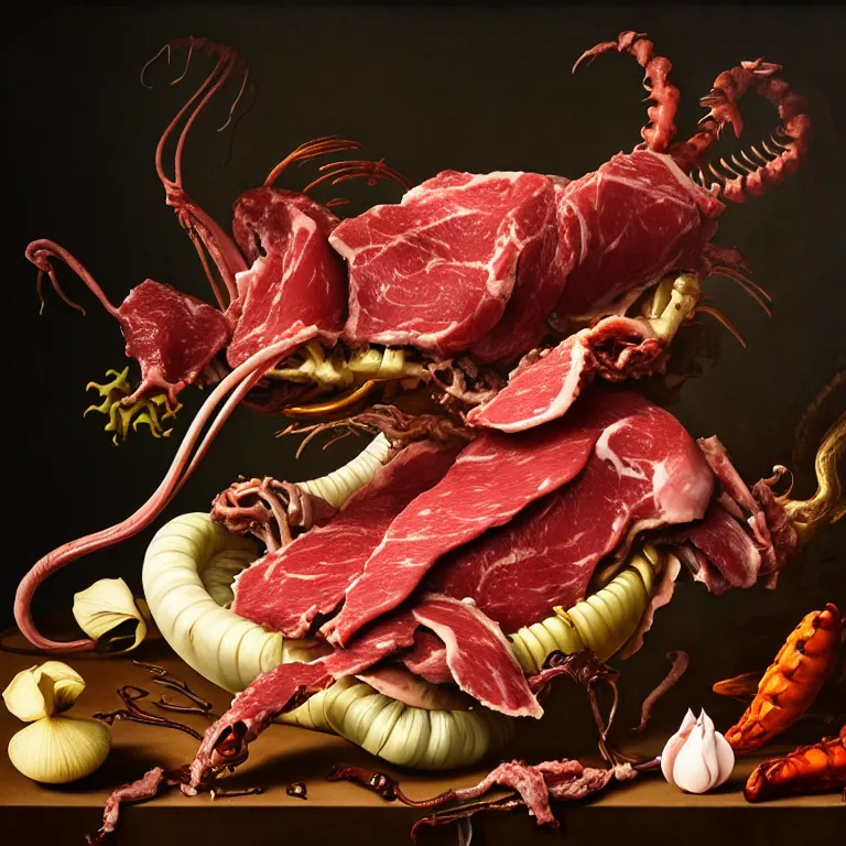 Image similar to still life of rotten meat, xenomorph, beautiful tropical flowers, human spine, tropical fruit baroque painting, beautiful detailed intricate insanely detailed octane render, 8K artistic photography, photorealistic, chiaroscuro, Raphael, Caravaggio