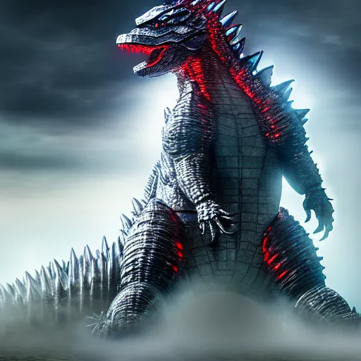 Image similar to mechagodzilla turning into normal godzilla, 4 k, photorealistic, hyper realism, artstation, unreal engine, on the coast of japan, foggy, ultra detailed lighting, dynamic shadows