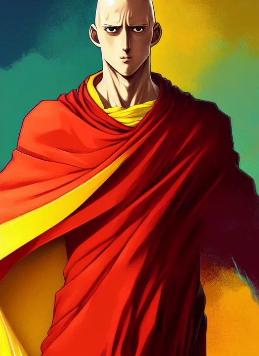 Image similar to handsome saitama, half body shot, path traced, red and yellow, cape, highly detailed, high quality, digital painting, alena aenami, lilia alvarado, shinji aramaki, karol bak, alphonse mucha, tom bagshaw