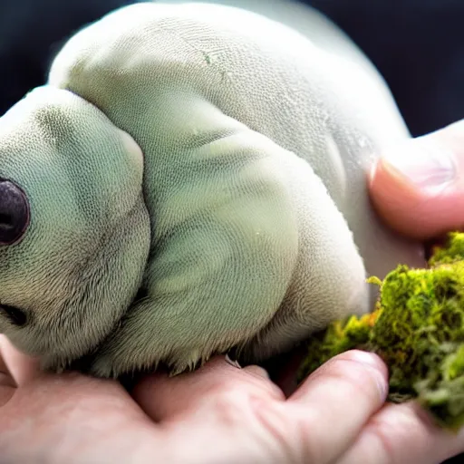 Image similar to lap tardigrade, petting the tough armor of a water bear, moss piglet, award - winning pet photography