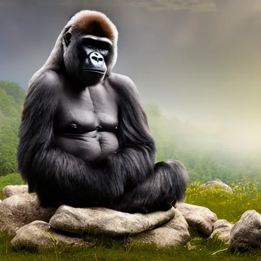 Prompt: a photo realistic gorilla doing transcendental meditation in a mystical landscape, beautiful, misty